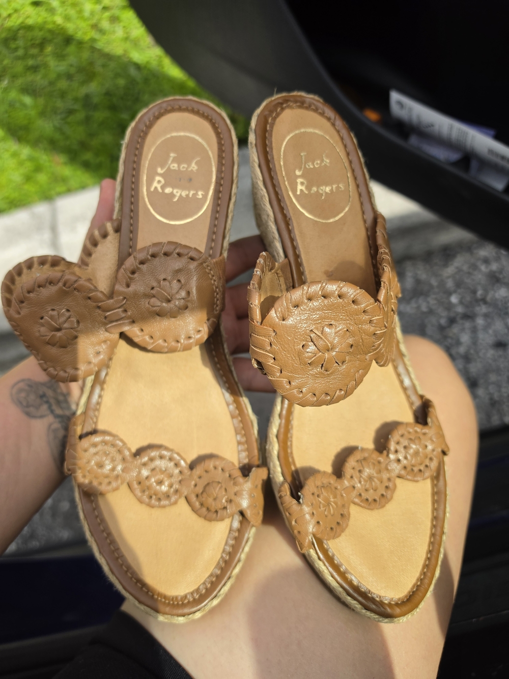 Jack Rogers Tan Leather Espadrille Slide Sandals